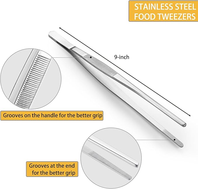 JETKONG 9 Inch Stainless Steel Kitchen Tweezers Multi-function Precision Serrated Tips Cooking Tweezers Chef Plating Tongs