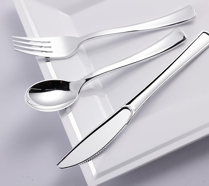 N9R 300PCS Silver Plastic Silverware Set, 100 Forks, 100 Spoons, 100 Knives, Heavy Duty Disposable Cutlery for Parties, Fancy Disposable Flatware for Weddings, and Daily Use