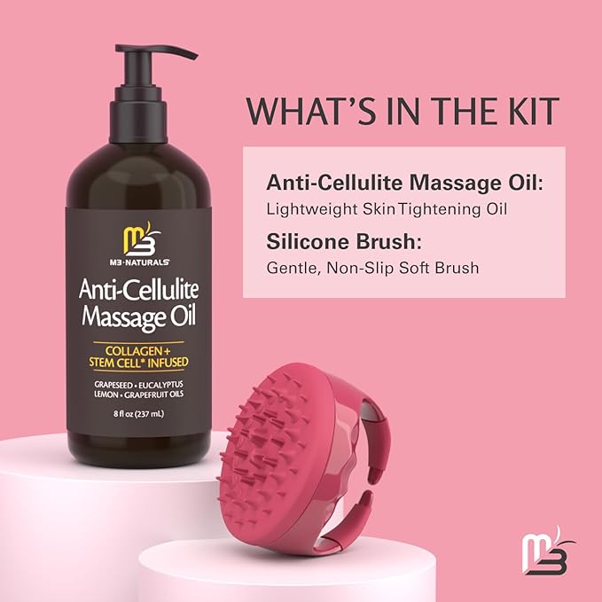 M3 Naturals Anti Cellulite Massage Oil and Silicone Body Brush – Collagen and Stem Cell Skin Tightening Formula for Smoothing and Firming – 8 Fl Oz-BrightBean Baby