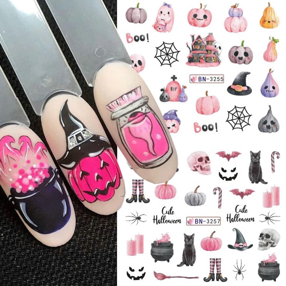 12 Sheets Halloween Nail Art Stickers Pink Pumpkin Water Transfer Nail Decals Cute Ghost Spider Skeleton Acrylic Nail Stickers for Women DIY Manicure Tips Halloween Nail Art Decorations Supplies-BrightBean Baby