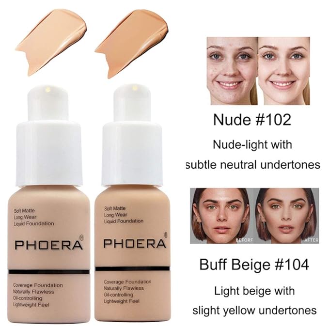 2 Pcs Phoera Foundation Makeup 102 and 104 Liquid Full Coverage 24HR Matte Oil Control Foundation Makeup Concealer (Nude & Buff Beige) with Kabuki Foundation Brush Flat Top-BrightBean Baby