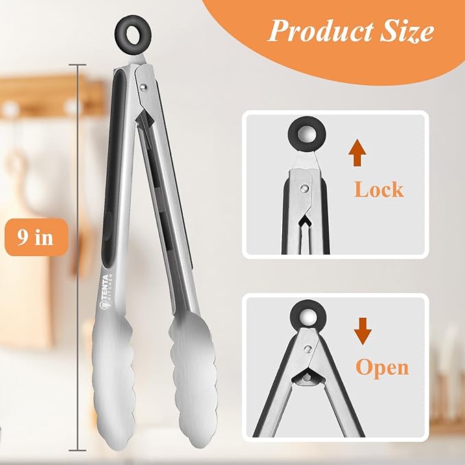 Tongs for Cooking, 9-Inch Stainless Steel Kitchen Tongs, Locking Metal Food Tongs with Silicone Non-Slip Grip, Kitchen Utensils Tongs for Food, Salad and Outdoor BBQ (Set of 4)