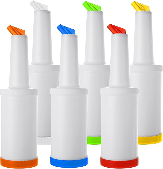 6Pack Fruit Juice and Liquor Pour Bottles, Colorful Juice Pouring Bottle Containers, Plastic Juice Pour Bottles for Liquor Juice, Plastic Juice Dispensers for Home Party Bar Kitchen Supplies