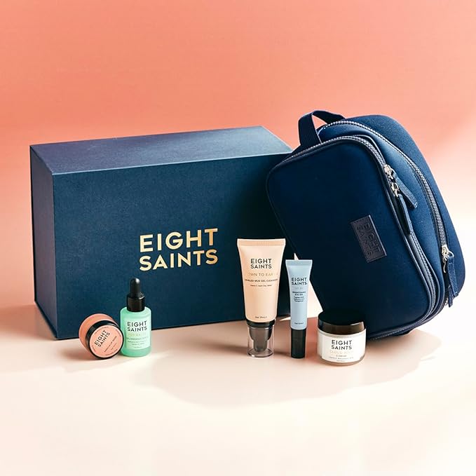 Eight Saints Date Night Skincare Prep Gift Set, All Natural & Organic, Gift Set Includes Eye Gel, Hyaluronic Acid Serm, Mud Face Cleanser, Vitamin C Cream, Lip Mask, and Neoprene Travel Bag, 6 Pc Set-BrightBean Baby