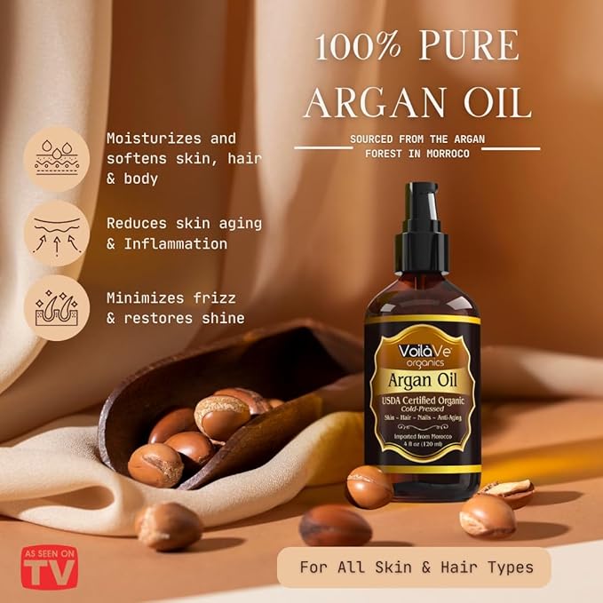 VoilaVe USDA and ECOCERT 100% Pure Organic Moroccan Argan Oil for Skin, Nails & Hair Growth, Anti-Aging Face Moisturizer, Cold Pressed, Hair Moisturizer, Rich in Vitamin E, As Seen On TV - 4 fl oz-BrightBean Baby