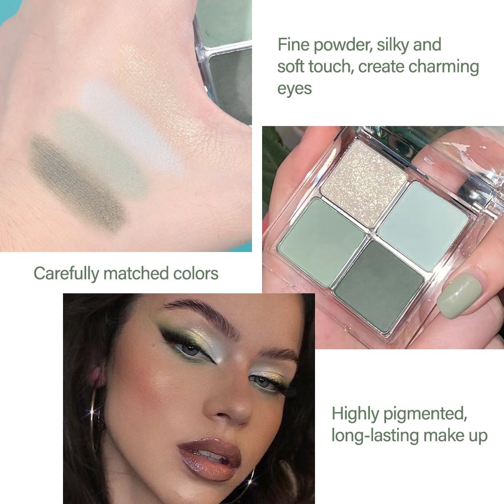 Light Green 4Colors Eyeshadow Makeup Palette,Mint Green Natural Neutral Powde Eye Shadow Palettes for Older Women,Long Lasting Naturing-Looking,Lightweight,Waterproof,Eye Makeup Kit Travel Size,Vegan-BrightBean Baby