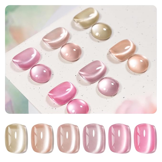 RARJSM Nude Jelly Glass Cat Eye Gel Nail Polish Set 6Pcs Champagne Gold Rose Blush Metal Pink Red Smoothie Ceramics Cateye Silver Glitter Gelpolish with Magnetic Stick UV LED Curing Require Home Salon-BrightBean Baby