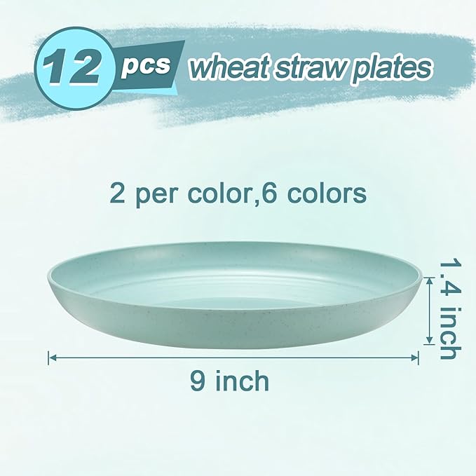 12 Pcs Unbreakable Deep Dinner Plates Set, 9 inch Reusable Plastic Wheat Straw Plates, Microwave and Dishwasher Safe Plate for Kitchen, Lightweight Plate for Dessert, BPA Free, 6 Colors