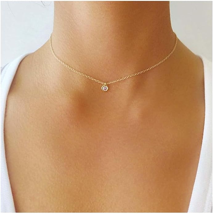 Boho Tiny Crystal Choker Gold Clear Quartz Pendant Necklace Minimal Dot CZ Choker Necklace Simple Everyday Necklace Wedding Necklace Jewelry for Women and Girls Gifts-BrightBean Baby
