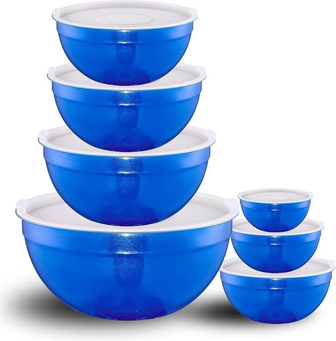 Blue Mixing Bowls with Lids Set of 7, Stainless Steel Nesting Bowl with Khaki Lid for Non-slip Mixing Prepping Storing Serving, 7 Sizes-7/3.6/2.7/2.1/1.5/1/0.8 QT