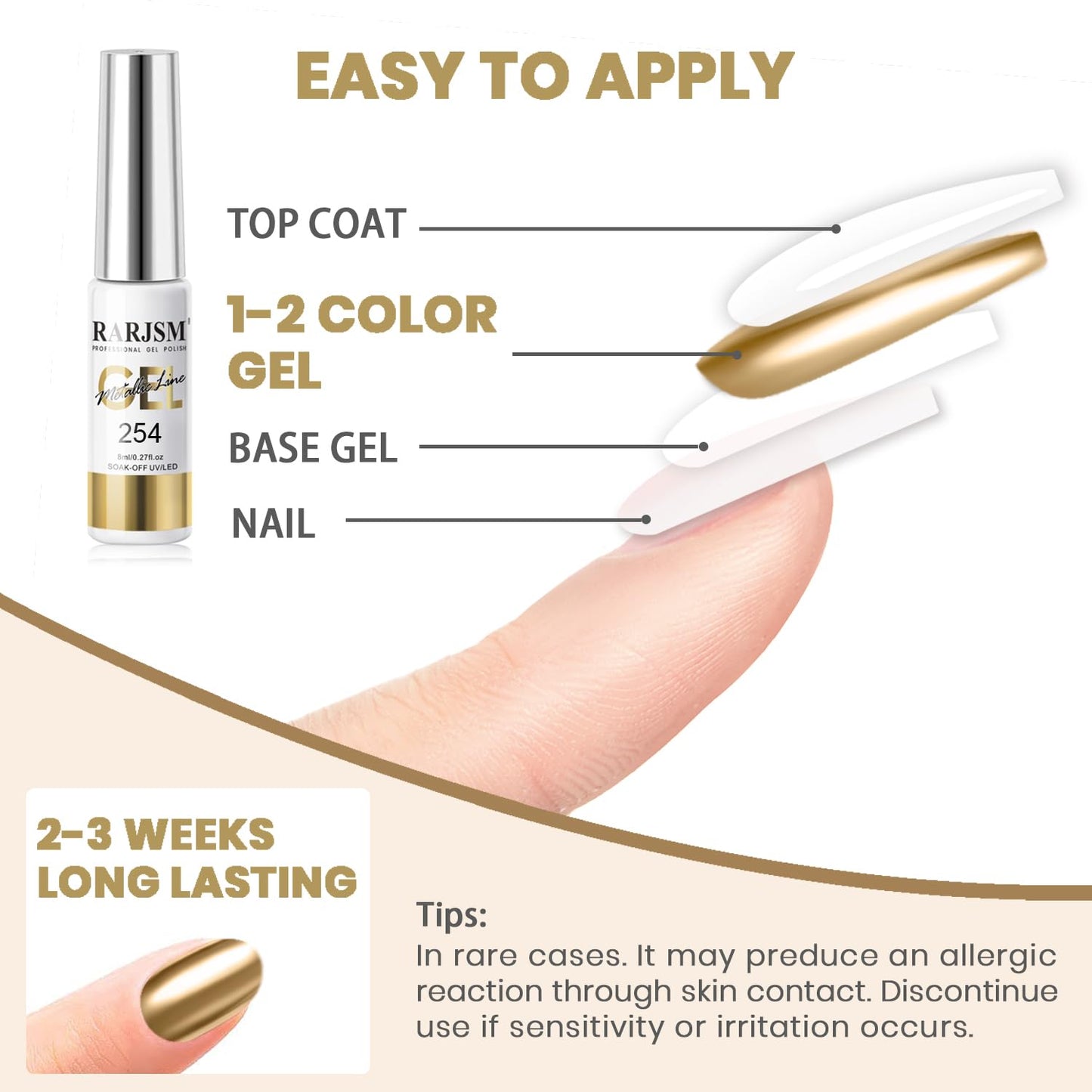 RARJSM Metallic Chrome Gel Liner Nail Art Champagne Gold 3D Mirror Effect Gel Nail Polish 8ml Build in Thin Brush Metal Painted Drawing Striper Painting GelPolish Soak off Curing Requires Home Salon-BrightBean Baby