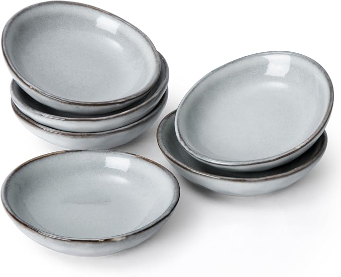famiware Ocean Soy Sauce Dishes of 6, Oval Dipping Sauce Cups/Bowls/Dishes for Kitchen, 2.1oz Ceramic Small Bowls for Side Dish, Appetizers, Snacks, and Sushi, Reactive Glaze, Dishwasher Safe, Grey