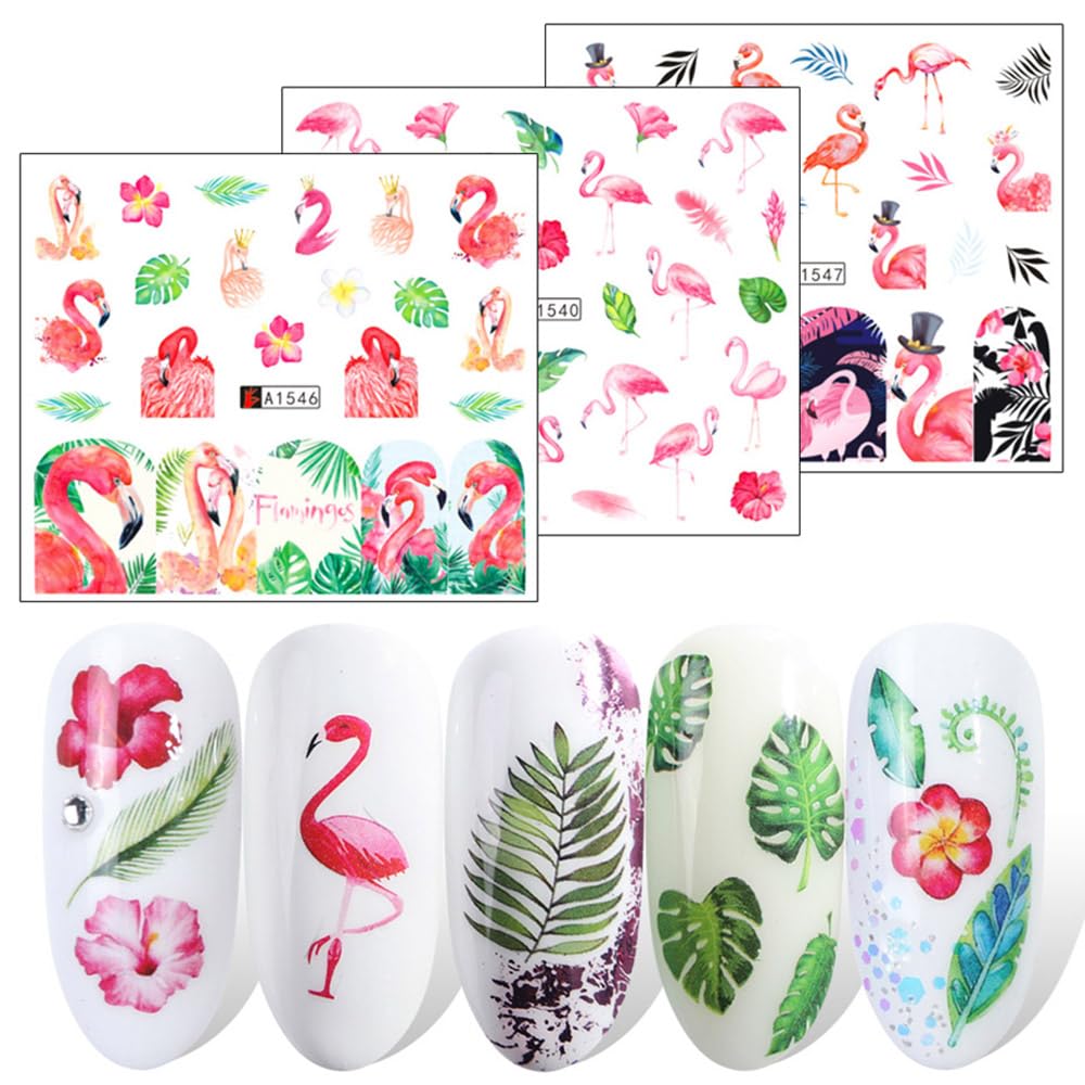 12 Sheet Flamingo Nail Art Stickers Cute Flamingo Green Leaf Design Water Transfer Nail Decals Summer Nail Art Decorations Waterproof Acrylic Nail Stickers for Women DIY Manicure Tips-BrightBean Baby