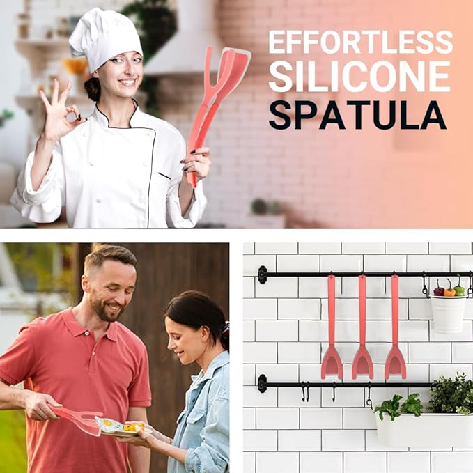 Silicone Egg Flipper Spatula Tongs (Set of 1) – Non-Stick 2-in-1 Grip & Flip Kitchen Tongs for Pancakes, Fish, Eggs, and More – Heat Resistant Cooking Tool (Red)