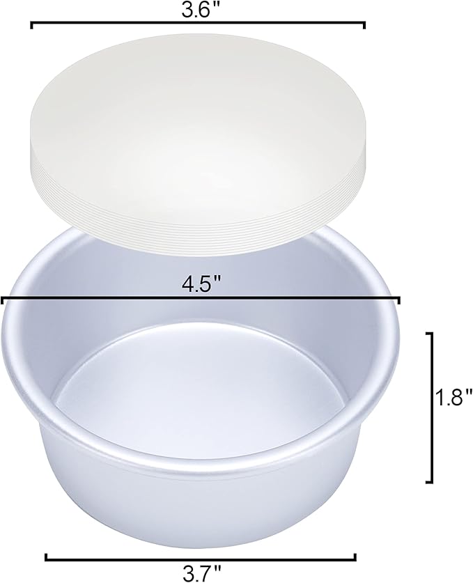 4 Inch Cake Pan Set of 8, Anodized Aluminum Round Cake Pans with 100 Pcs Parchment Paper Tins Baking Pan for Cheese Cake, Pizza, Quiche, Non Toxic, Leakproof, Easy Pop Out