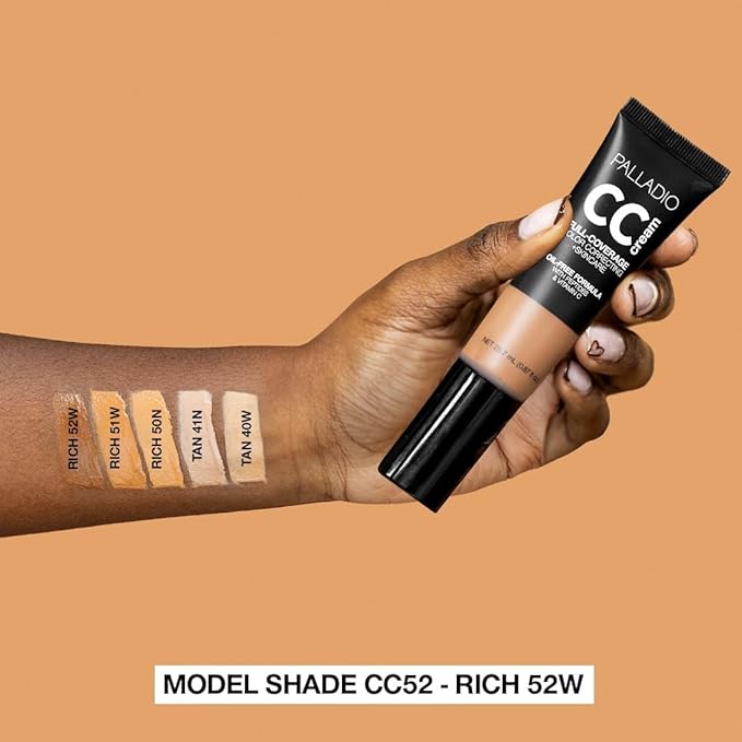 Palladio Full-Coverage Color Correction CC Cream, Oil-Free with Peptides & Vitamin C, Best for Correcting Redness and Uneven Skin Tone, Buildable Foundation Coverage (Rich 52W)-BrightBean Baby