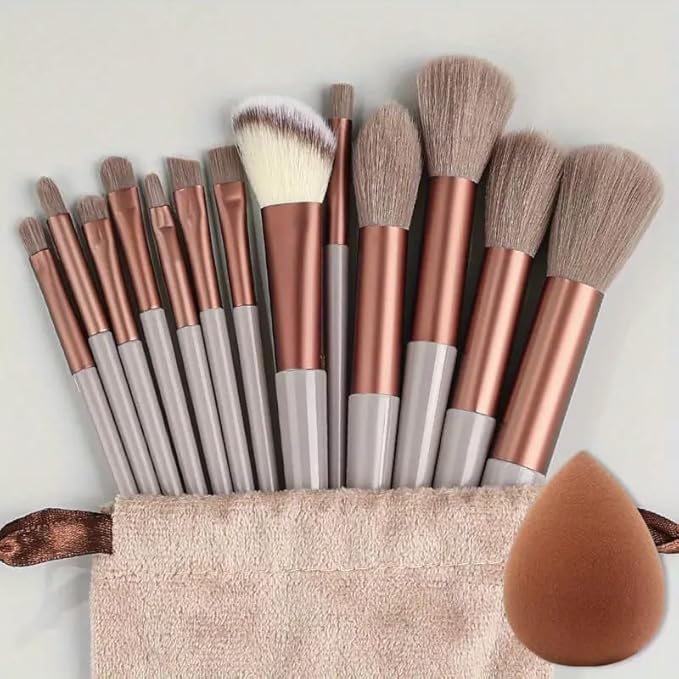 Foundation Makeup Brush Set Kit | 13 Pcs Premium Synthetic Kabuki Eye Shadows Make Up Brushes + 1 Sponge + 1 Brush Bag for Travel and Home Use (BROWN)-BrightBean Baby