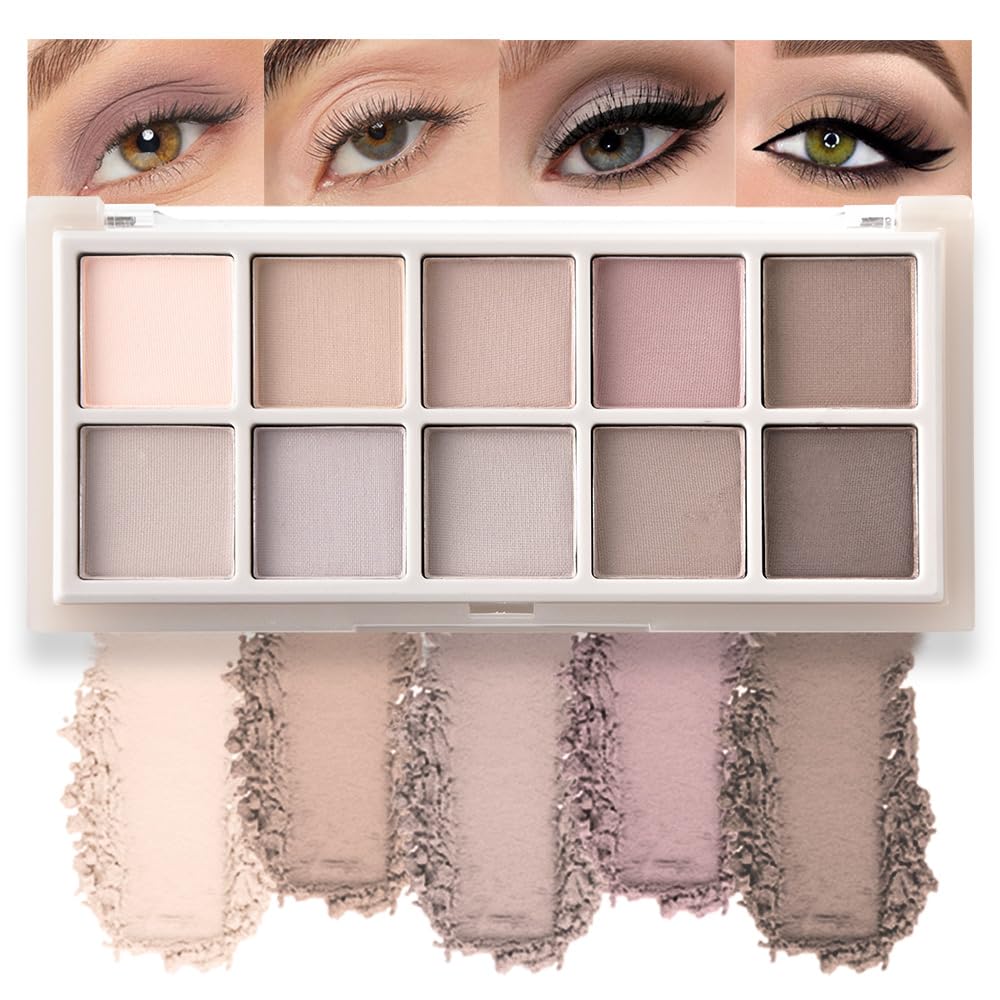 10 Color Matte Eyeshadow Palette | 10 Soft-Focus Matte Shades in Grey-Brown & Neutral Taupe | Silky Powder Blends Like Cream | Natural-Looking Nude Makeup for Mature Skin | Day to Night Wear-BrightBean Baby