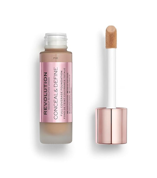 Revolution Beauty, Conceal & Define Foundation, Full Coverage, Long-Lasting Matte Finish, Vegan & Cruelty Free, F10 Medium Skin Tones, 0.8 Fl.Oz.-BrightBean Baby