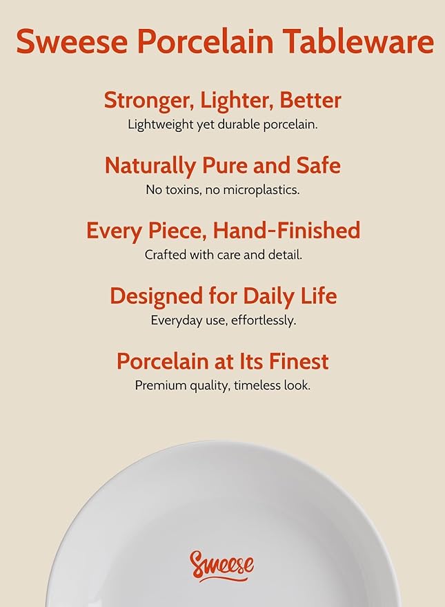 Sweese 22oz Porcelain Pasta Bowls Set of 6-7.6 Inch White Salad Serving Plates, Microwave Dishwasher Safe Dinnerware