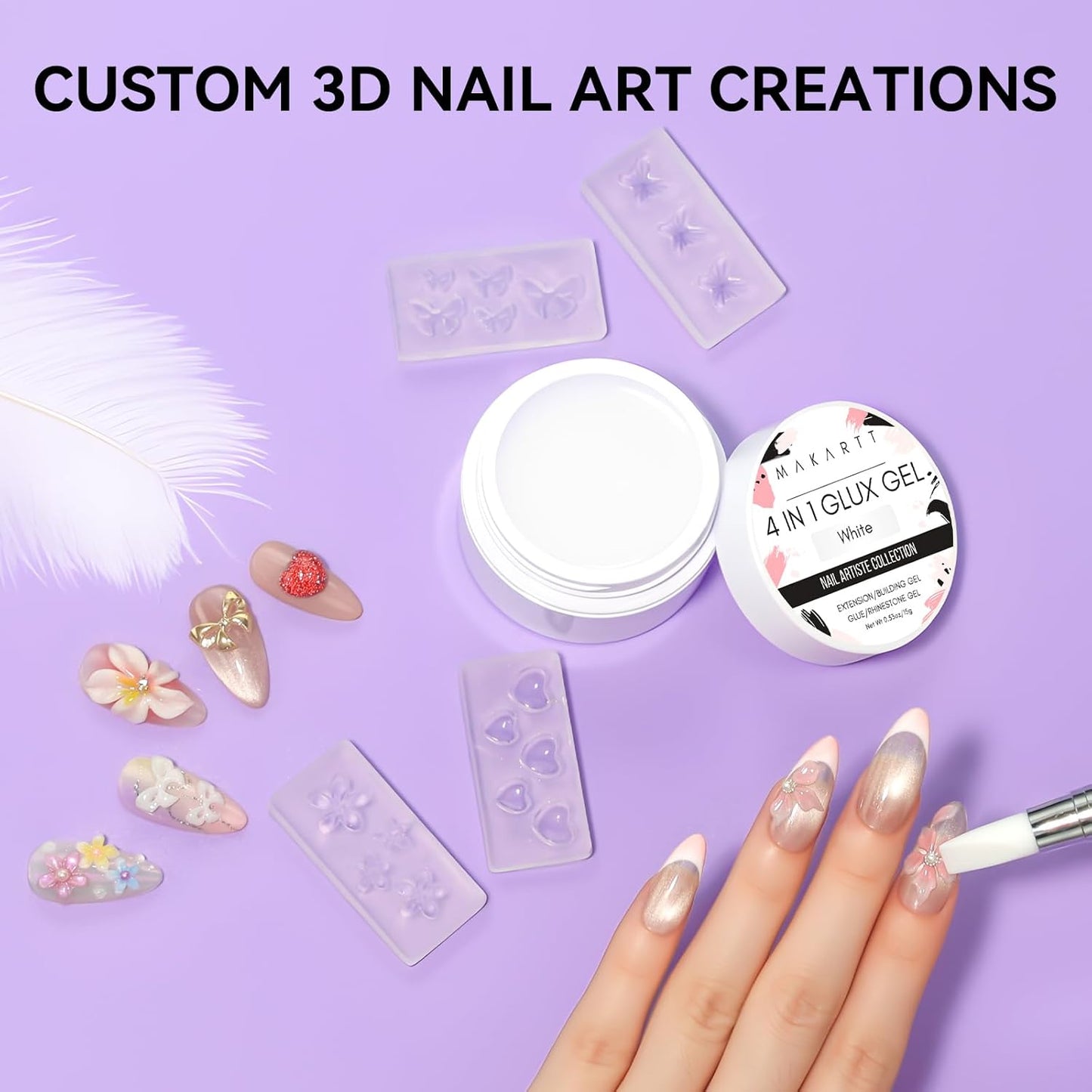 Makartt 3D Gel Nail Art: 4 in 1 White Solid Gel Builder Diy Kit for 15ML Nail Extension Gels, 4pcs Silicone Molds, 1 sculpture Brush, Nails Art Glue for Acrylic Nails Carving Manicure for Home Salon-BrightBean Baby