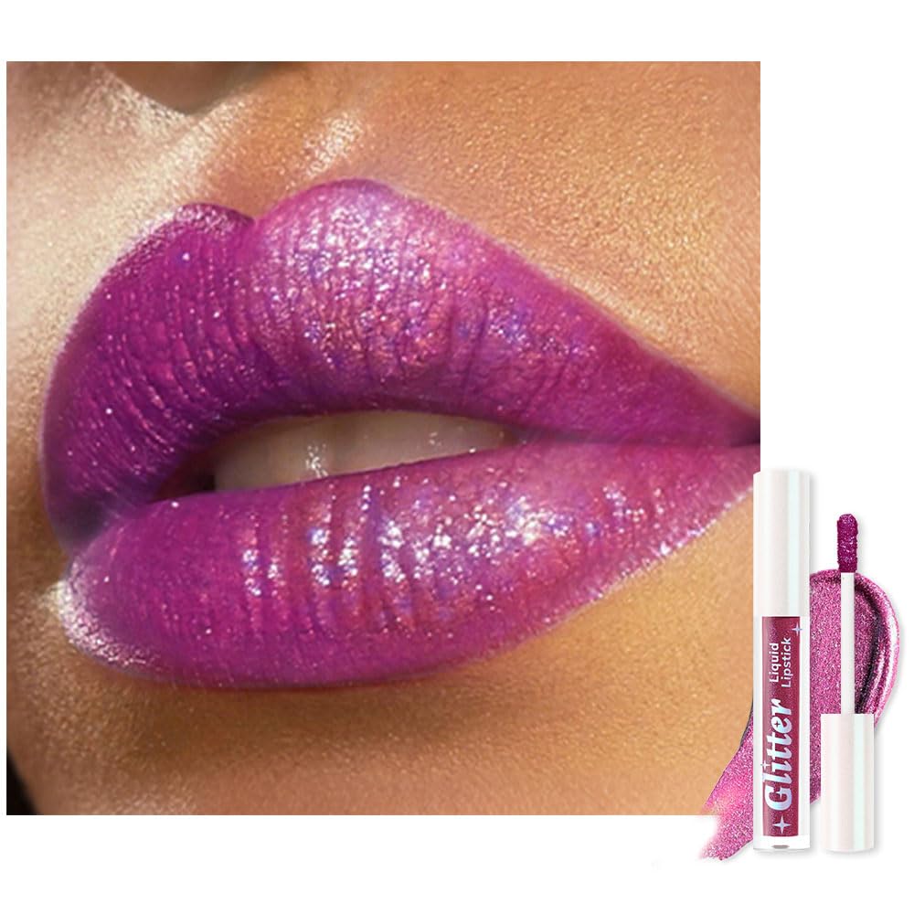 Dark Purple Metallic Lipstick for Women,Lightweight Glitter Sparkling Liquid Lipsticks,Shimmer Lip Gloss Stain Long Lasting Waterproof Smudge Proof Non-Drying 24 Hour Full Coverage Lip Makeup,Vegan-BrightBean Baby