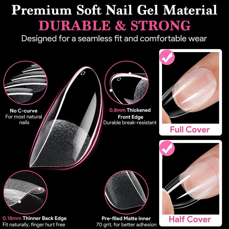 Medium Round False Nail Tips, 15 Sizes 510 PCS Clear Soft Press On Fake Nail Pre-shaped Half Matte Full Cover Gel Nail Tips Extensions Strong Thick Long Lasting for DIY Beginners & Salon Manicure-BrightBean Baby