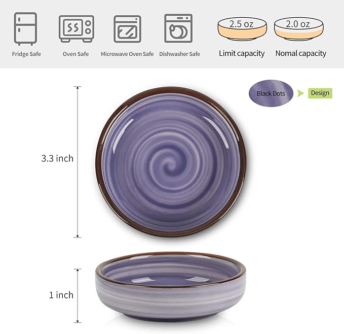 Selamica Ceramic 2.5 OZ Soy Sauce Dish Dipping Bowls Set of 6, 3.3 Inch Small Side Dish Pinch Bowls, Mini Bowls for Condiments, Ketchup, BBQ, Sushi, Gradient Color