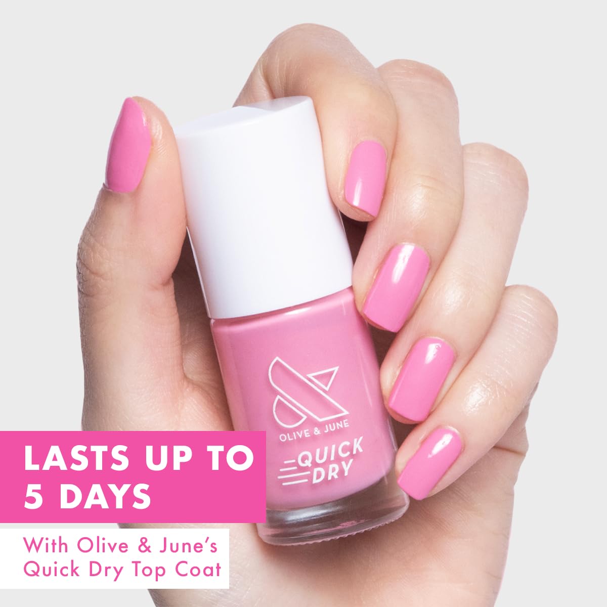 Olive & June Quick Dry Nail Polish | Instant, Fast-Drying, Smudgeproof Color | 15-free, Vegan, Cruelty-Free Formula | Lasts up to 5 Days | Salon-Quality Manicure, Pedicure at Home | Taffy Bright Pink-BrightBean Baby