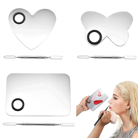 6 in 3 Set Makeup Mixing Palettes, 2 Pcs Stainless Steel Nail Art Palette with 2 Makeup Spatula for Foundation Makeup Tools Eyeshadow Nail Art (4 in 2 Silver Heart Rectangular)-BrightBean Baby