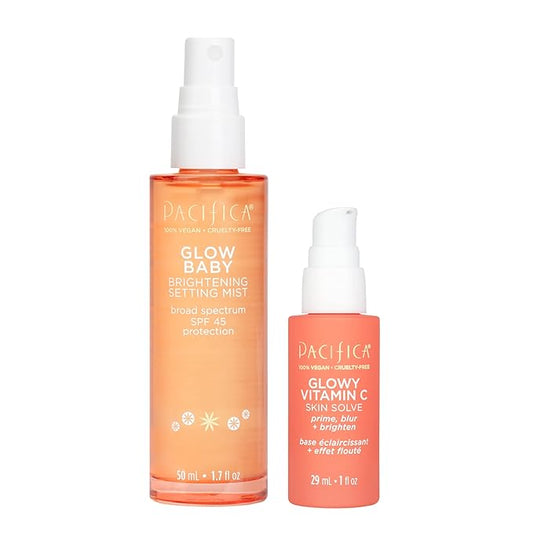 Pacifica Beauty Glow Baby Brightening Setting Mist & Glowy Vitamin C Skin Solve Set, Skincare, Suncare, SPF 45, UVA/UVB, Blue Light Protection, Primer, Vegan, 1.7 fl oz and 1 fl oz (Set of 2)-BrightBean Baby