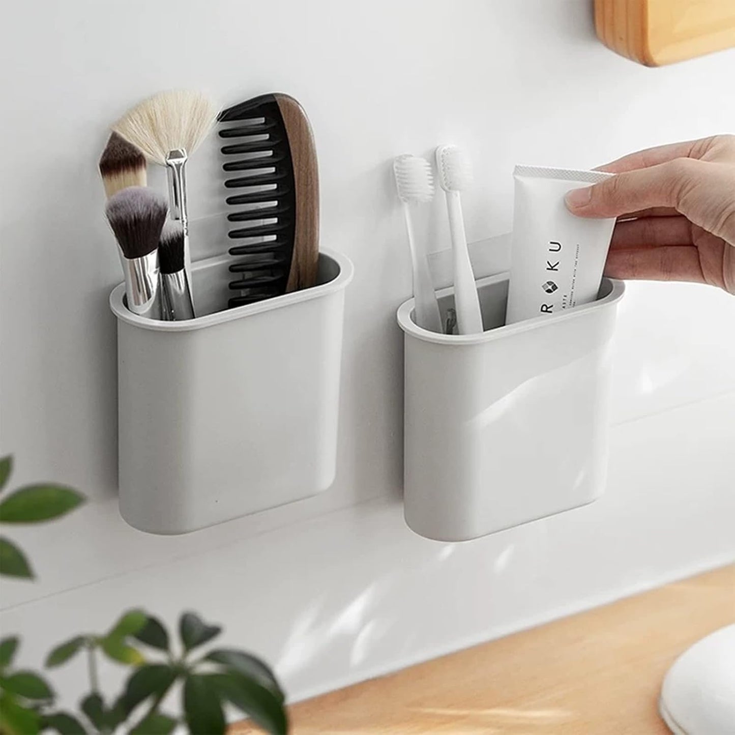 Toothbrush Holder Wall Mounted for Bathroom, Wall Toothbrush Holders for Electric Toothbrush, Toothpaste, Razor, Self Adhesive Wallmount Organizer (Grey-BrightBean Baby