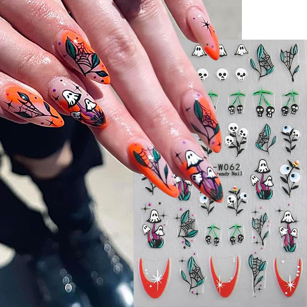 5 Sheets Halloween Nail Art Stickers Horror Ghost Self-Adhesive Embossed Flower Skull Nail Decals - with Cute Sunflower Strawberry Spider Ghost Designs for Women Girls DIY Nail Decoration-BrightBean Baby