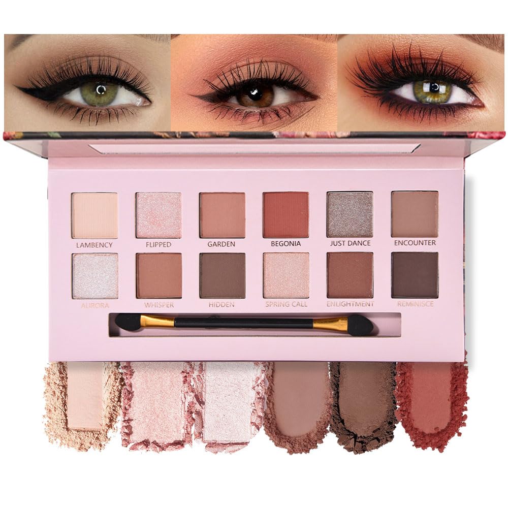 12Colors Eye Shadow Palette With Mirror and Brush,Nude Pink Brown Neutral Natural Eyeshadow Palette,Long Lasting Waterproof Travel Size Makeup Pallete-BrightBean Baby