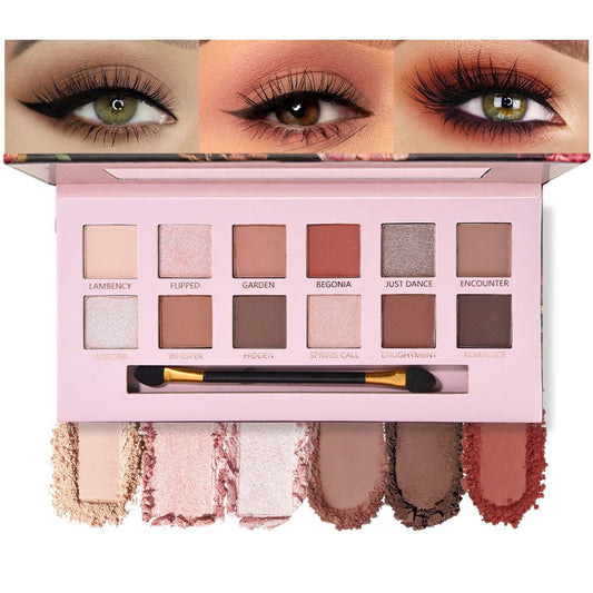 12Colors Eye Shadow Palette With Mirror and Brush,Nude Pink Brown Neutral Natural Eyeshadow Palette,Long Lasting Waterproof Travel Size Makeup Pallete-BrightBean Baby