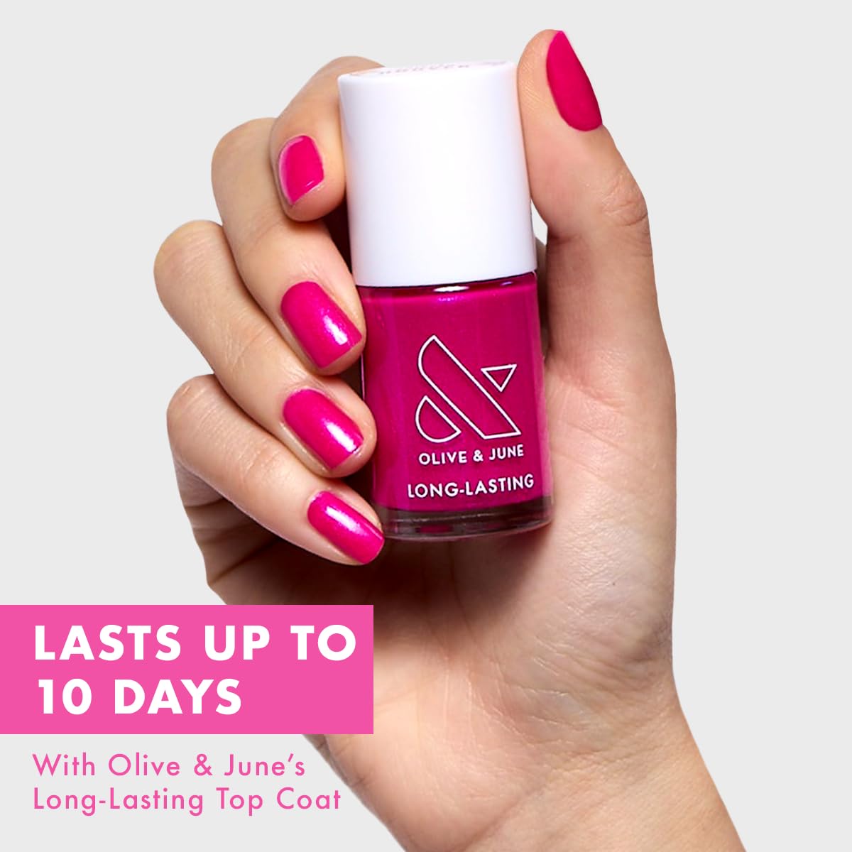 Olive & June Long Lasting Nail Polish | Plump Gel-Like Finish No Lamp Needed | Lasts up to 10 days | Salon-Quality at Home | 15-Free, Vegan Cruelty-Free Chip-Resistant | Lily Blooms Shimmering Magenta-BrightBean Baby