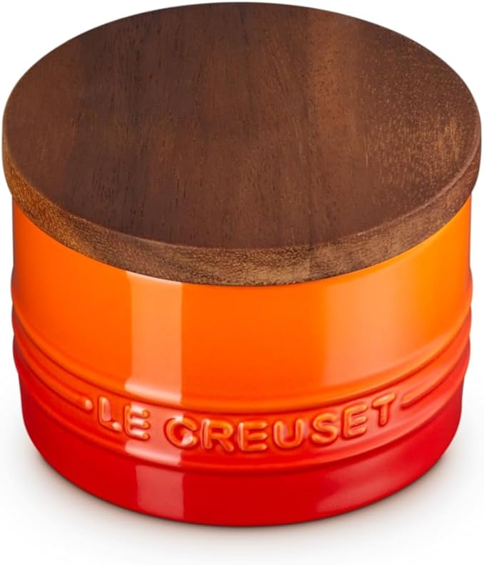 Le Creuset Signature Salt Cellar and Storage Canister with Wood Lid, 7 oz., Flame