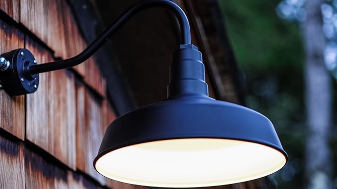 Steel Lighting Co. Gardena Barn Light | Outdoor Wall Mounted | 16" Dome | 23" Gooseneck | Farmhouse Light Made in America | Matte Black Exterior/Brass Interior