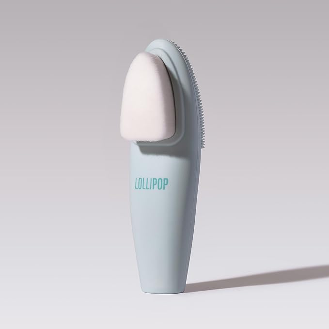 LOLLIPOP Dual-Sided Facial Cleansing Brush | Handle Size Silicone Face Exfoliator and Soft Fiber Cleanser | Manual Face Scrubber for Pores, Makeup Removal, Blackhead and Skincare Routine, Oceanic-BrightBean Baby