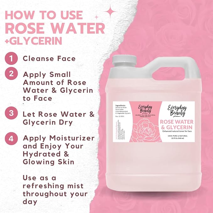 Rose Water & Glycerin Enhanced Facial Toner - 32oz Bulk Alcohol-Free Vegan All Natural Refreshing for Face and Hair - Uplifts, Calming & Soothing for All Skin Types…-BrightBean Baby