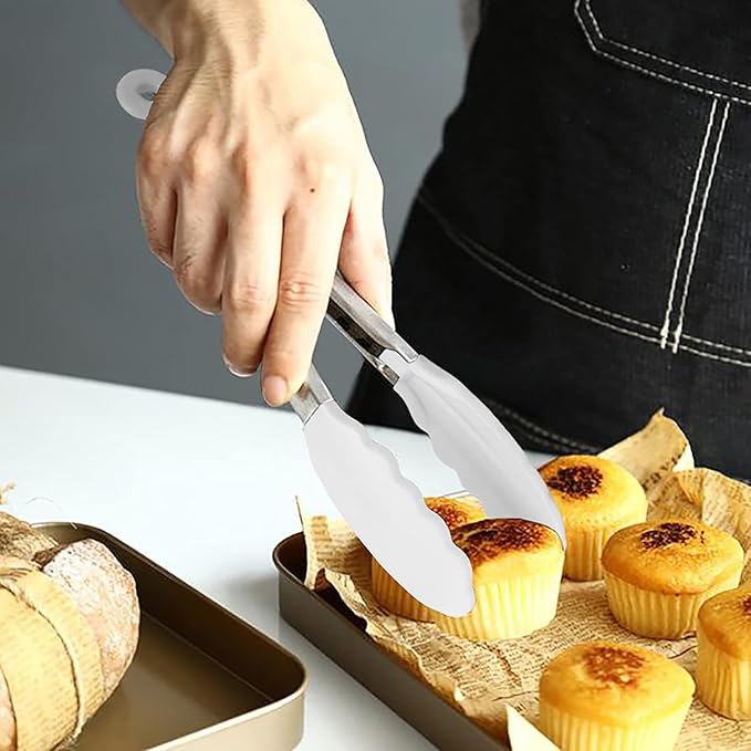 Mini Tongs with Silicone Tips 7-Inch Serving Tongs, Set of 3 (White)