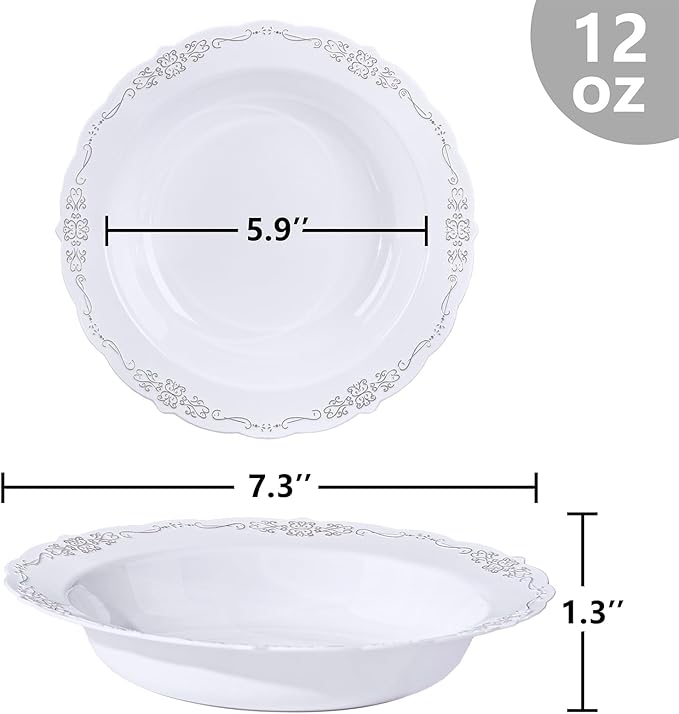 DaYammi 30 Pack Plastic Bowls with Silver Rim, 12oz Disposable Soup Bowls, Heavy Duty Dinner Bowls for Weddings, Parties, Dinners, Catering and Everyday Use