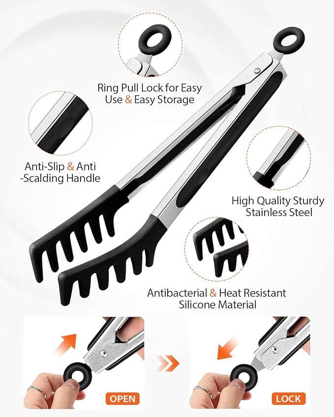 Silicone Spaghetti Spoon & Pasta Tong, Non-Stick Stainless Steel Handle Pasta Fork Set with Teeth, Food Clip for Easy Serving of Noodles (Black)