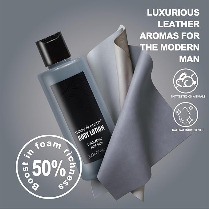 Gift Baskets for Men Body Wash Set Body & Earth Leathers Mens Bath Set with Body Lotion, Face Wash, Shower Gel, Bubble Bath, Loofah & More, Birthday Gifts for Men,regalos para hombre,Christmas Gifts-BrightBean Baby