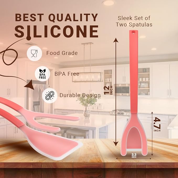 Silicone Egg Flipper Spatula Tongs (Set of 1) – Non-Stick 2-in-1 Grip & Flip Kitchen Tongs for Pancakes, Fish, Eggs, and More – Heat Resistant Cooking Tool (Red)