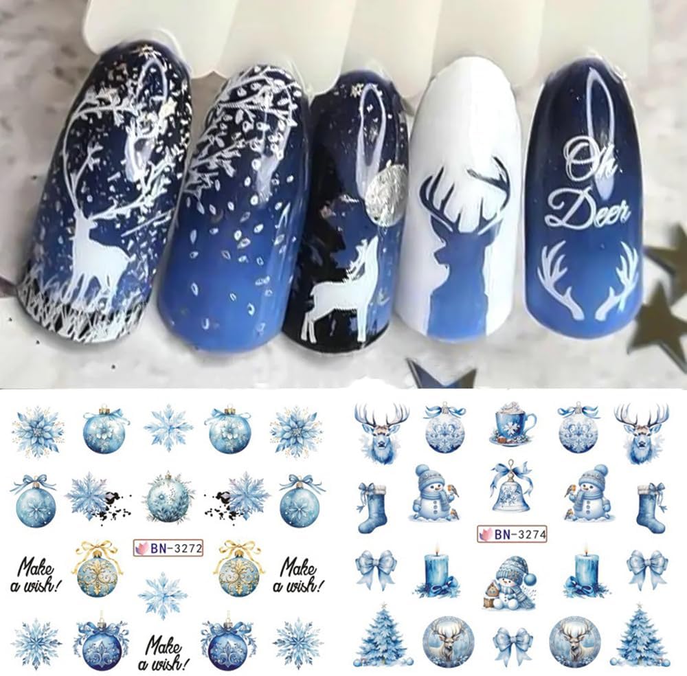 Christmas Nail Art Stickers Snowman Snowflake Water Transfer Nail Decals Xmas Winter Nail Art Decorations Cute Penguin Santa Claus Elk Gingerbread Man Gift Design Nail Foil Sticker for Women DIY Nails-BrightBean Baby