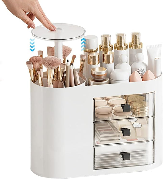 DASITON Makeup Organizer with 3 Drawers,Automatic Lifting Makeup Brush Holder with Lid,Large Capacity Makeup Organizers for Vanity,Bathroom Countertop,Ideal Storage Skin Care,Brushes,Lipstick (White)-BrightBean Baby