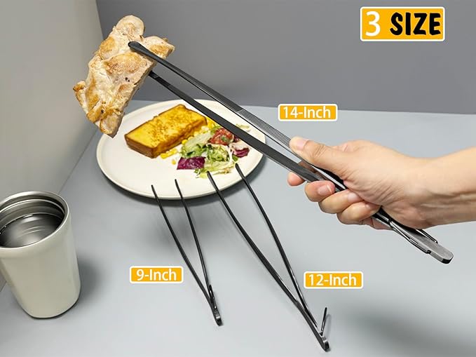 JETKONG 3 Pcs 12-Inch Cooking Tweezers Tongs Long Stainless Steel Chef Tweezers (12 12 12 Inch, Black)