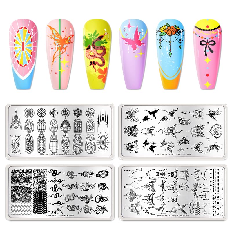 BORN PRETTY Stamping Temeplates Set,Butterfly Necklace Leopard Print Theme Nail Image Plates Nail Art Stamping Plate Manicuring DIY Printing Tools 4PCS-BrightBean Baby