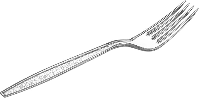 Comfy Package [300 Pack] Heavyweight Clear Plastic Forks with Engraved Design - Disposable Sturdy Plastic Utensils for Parties, Weddings, and Events